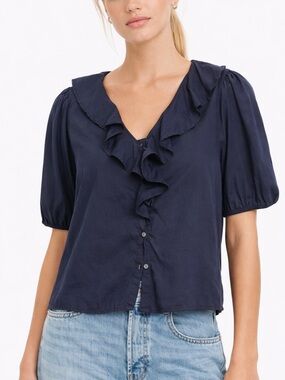 Old Navy Womens Blue Ruffle Collar Button Down Blouse Top Size XS NWT